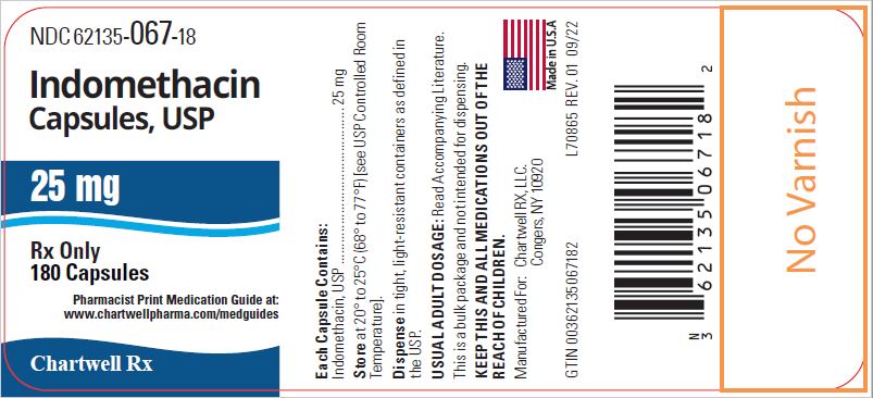 Indomethacin Capsules, USP 25 mg  - NDC: <a href=/NDC/62135-067-18>62135-067-18</a> - 180 Capsules Label