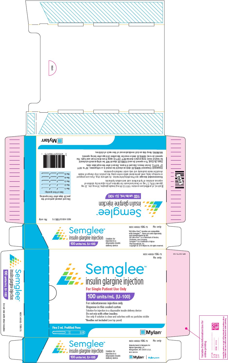 Semglee (insulin glargine injection) Pen 100 units/mL Carton Label