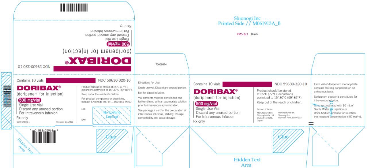NDC: <a href=/NDC/59630-320-10>59630-320-10</a> DORIBAX® (doripenem for injection) 500 mg/vial Contains 10 vials Rx only
