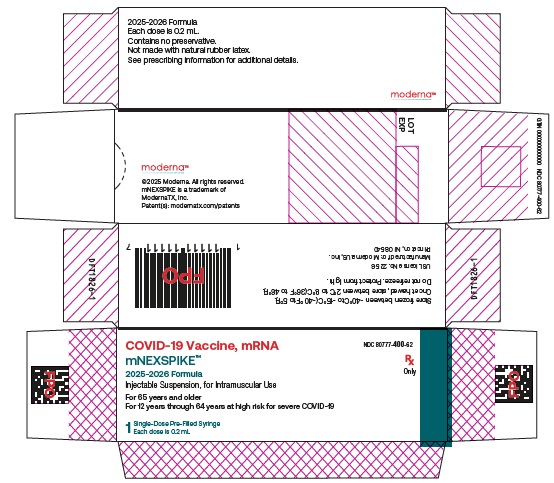 mNEXSPIKE (COVID-19 Vaccine, mRNA) 2025-2026 Formula Injectable Suspension for Intramuscular Use Single-Dose Pre-Filled Syringe Carton 0.2 mL (<a href=/NDC/80777-400-62>80777-400-62</a>)