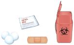 Alcohol wipe, Cotton ball or gauze pad, Adhesive bandage, Sharps disposal container