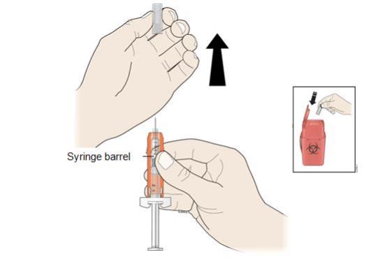 Hold the prefilled syringe by the syringe barrel.  Carefully pull the gray needle cap straight off and away from your body. Important: Throw the gray needle cap into the sharps disposal container.