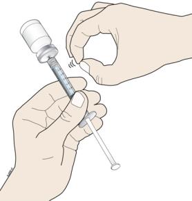Keep the needle in the vial and check for air bubbles in the syringe.  If there are air bubbles, gently tap the syringe barrel with your finger until the air bubbles rise to the top.  Slowly push the plunger up to push the air bubbles out of the syringe.  