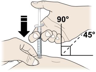 Hold the pinch.  Insert the needle into the skin at a 45 to 90 degree angle.