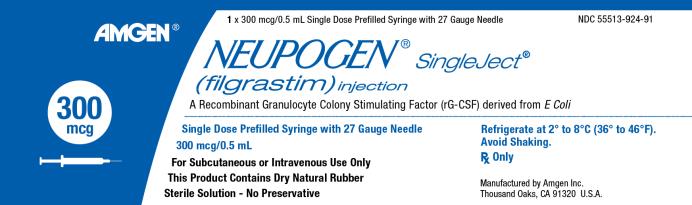 NDC: <a href=/NDC/55513-924-91>55513-924-91</a>
1 x 300 mcg/0.5 mL Single Dose Prefilled Syringe with 27 Gauge Needle
AMGEN®
NEUPOGEN® SingleJect®
(filgrastim) injection
A Recombinant Granulocyte Colony Stimulating Factor (rG-CSF) derived from E Coli
300 mcg
Single Dose Prefilled Syringe with 27 Gauge Needle
300 mcg/0.5 mL
For Subcutaneous Use Only
This Product Contains Dry Natural Rubber
Sterile Solution – No Preservative
Refrigerate at 2 to 8C (36 to 46F).  
Avoid Shaking.
Rx Only
Manufactured by Amgen Inc.
Thousand Oaks, CA 91320 U.S.A.
