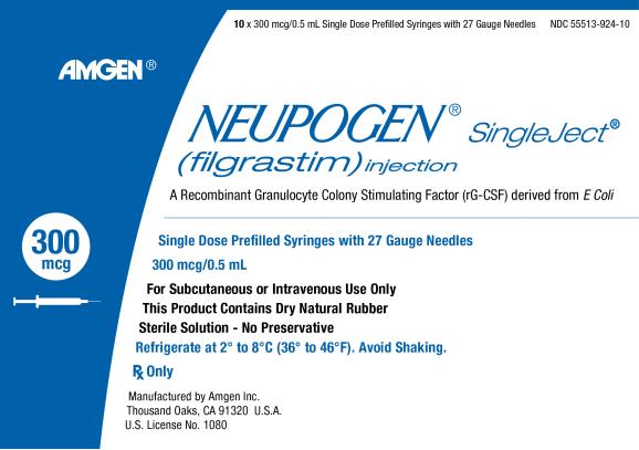 NDC: <a href=/NDC/55513-924-10>55513-924-10</a>
10 x 300 mcg/0.5 mL Single Dose Prefilled Syringes with 27 Gauge Needles
AMGEN®
NEUPOGEN® SingleJect®
(filgrastim) injection
A Recombinant Granulocyte Colony Stimulating Factor (rG-CSF) derived from E Coli
300 mcg
Single Dose Prefilled Syringes with 27 Gauge Needles
300 mcg/0.5 mL
For Subcutaneous Use Only
This Product Contains Dry Natural Rubber
Sterile Solution – No Preservative
Refrigerate at 2 to 8C (36 to 46F).  Avoid Shaking.
Rx Only
Manufactured by Amgen Inc.
Thousand Oaks, CA 91320 U.S.A.
U.S. License No. 1080
