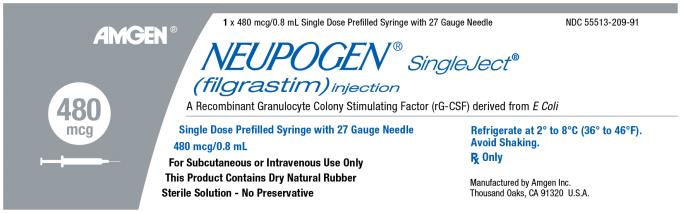 NDC: <a href=/NDC/55513-209-91>55513-209-91</a>
1 x 480 mcg/0.8 mL Single Dose Prefilled Syringe with 27 Gauge Needle
AMGEN®
NEUPOGEN® SingleJect®
(filgrastim) injection
A Recombinant Granulocyte Colony Stimulating Factor (rG-CSF) derived from E Coli
480 mcg
Single Dose Prefilled Syringe with 27 Gauge Needle
480 mcg/0.8 mL
For Subcutaneous Use Only
This Product Contains Dry Natural Rubber
Sterile Solution – No Preservative
Refrigerate at 2 to 8C (36 to 46F).  
Avoid Shaking.
Rx Only
Manufactured by Amgen Inc.
Thousand Oaks, CA 91320 U.S.A.
