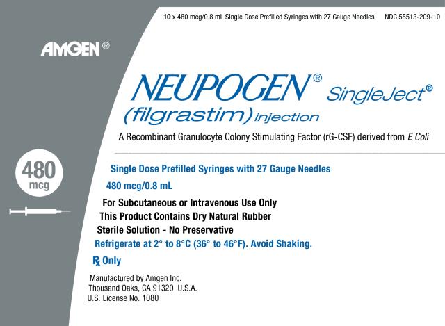 NDC: <a href=/NDC/55513-209-10>55513-209-10</a>
10 x 480 mcg/0.8 mL Single Dose Prefilled Syringes with 27 Gauge Needles
AMGEN®
NEUPOGEN® SingleJect®
(filgrastim) injection
A Recombinant Granulocyte Colony Stimulating Factor (rG-CSF) derived from E Coli
480 mcg
Single Dose Prefilled Syringes with 27 Gauge Needles
480 mcg/0.8 mL
For Subcutaneous Use Only
This Product Contains Dry Natural Rubber
Sterile Solution – No Preservative
Refrigerate at 2 to 8C (36 to 46F).  Avoid Shaking.
Rx Only
Manufactured by Amgen Inc.
Thousand Oaks, CA 91320 U.S.A.
U.S. License No. 1080
