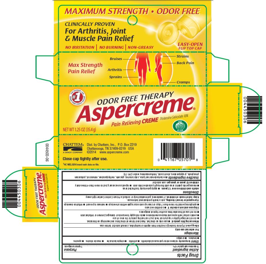Odor Free Therapy
Aspercreme®
Pain Relieving Creme
Trolamine Salicylate 10%
NET WT 1.25 oz (35.4 g)
