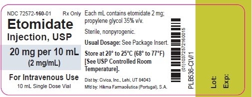 NDC: <a href=/NDC/72572-160-01>72572-160-01</a> Rx Only Etomidate Injection, USP 20 mg per 10 mL (2 mg/mL) For Intravenous Use 10 mL Single Dose Vial