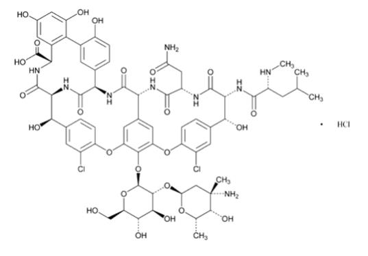 The structural formula for vancomycin, a tricyclic glycopeptide antibiotic derived from Amycolatopsis orientalis (formerly Nocardia orientalis), which has the chemical formula C66H75Cl2N9O24HCl. Th