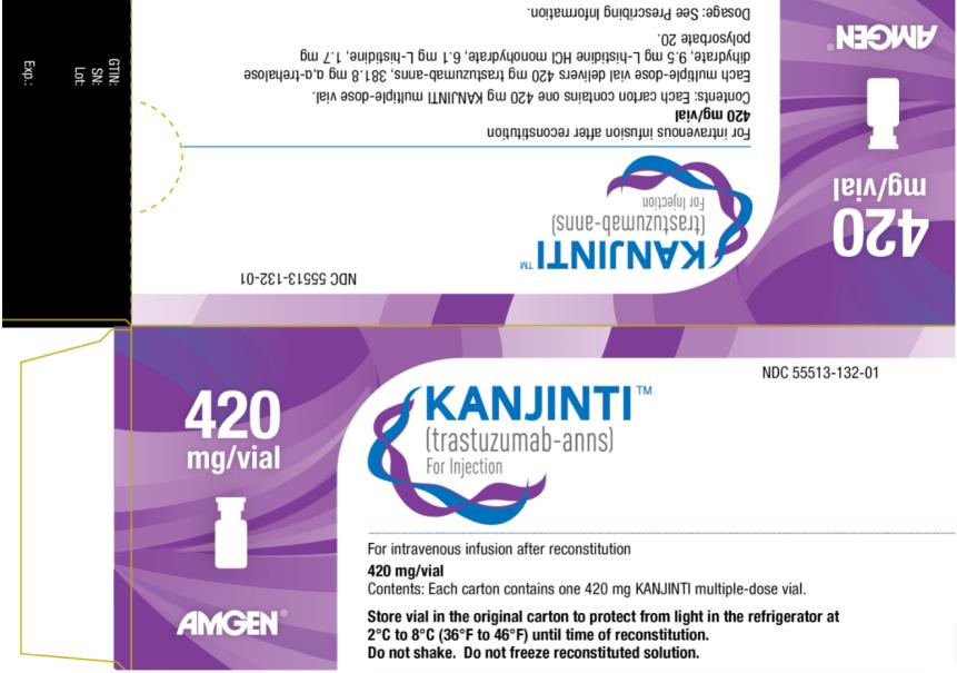 PRINCIPAL DISPLAY PANEL
NDC: <a href=/NDC/55513-132-01>55513-132-01</a>
KANJINTI™
(trastuzumab anns)
For Injection
420 mg/vial
For intravenous infusion after reconstitution
420 mg/vial
Contents:Each carton contains one 420 mg KANJINTI multiple-dose vial.
AMGEN® 
Store vial in the original carton to protect from light in the refrigerator at
2°C to 8°C (36° F to 46°F) until time of reconstitution.
Do not shake. Do not freeze reconstituted solution.
