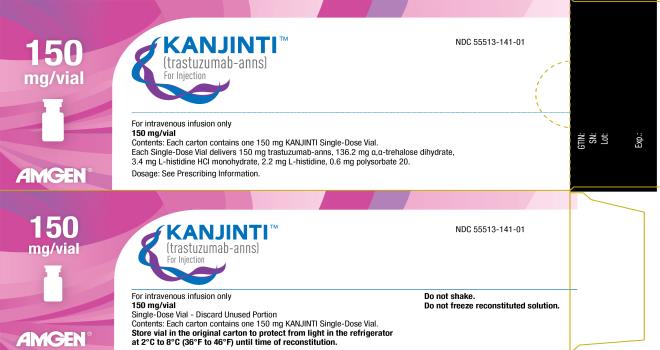 PRINCIPAL DISPLAY PANEL
NDC: <a href=/NDC/55513-141-01>55513-141-01</a>
KANJINTI™
(trastuzumab-anns)
For Injection
150 mg/vial
For intravenous infusion only
150 mg/vial
Single-Dose Vial – Discard Unused Portion
Contents: Each carton contains one 150 mg KANJINTI Single-Dose Vial.
AMGEN® 
Store vial in the original carton to protect from light in the refrigerator 
at 2°C to 8°C (36°F to 46°F) until time of reconstitution. 
Do not shake.
Do not freeze reconstituted solution.
