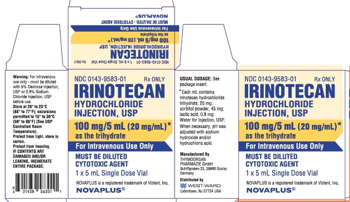 NDC: <a href=/NDC/0143-9583-01>0143-9583-01</a> Rx ONLY IRINOTECAN HYDROCHLORIDE INJECTION, USP 100 mg/5 mL (20 mg/mL)* as the trihydrate For Intravenous Use Only MUST BE DILUTED CYTOTOXIC AGENT 1 x 5 mL Single Dose Vial
