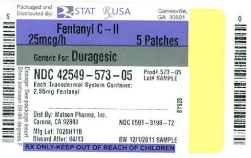 NDC: <a href=/NDC/42549-573-05>42549-573-05</a> 
Fentanyl Patch 
25mcg #5 
patch(s)
CII
Rx Only