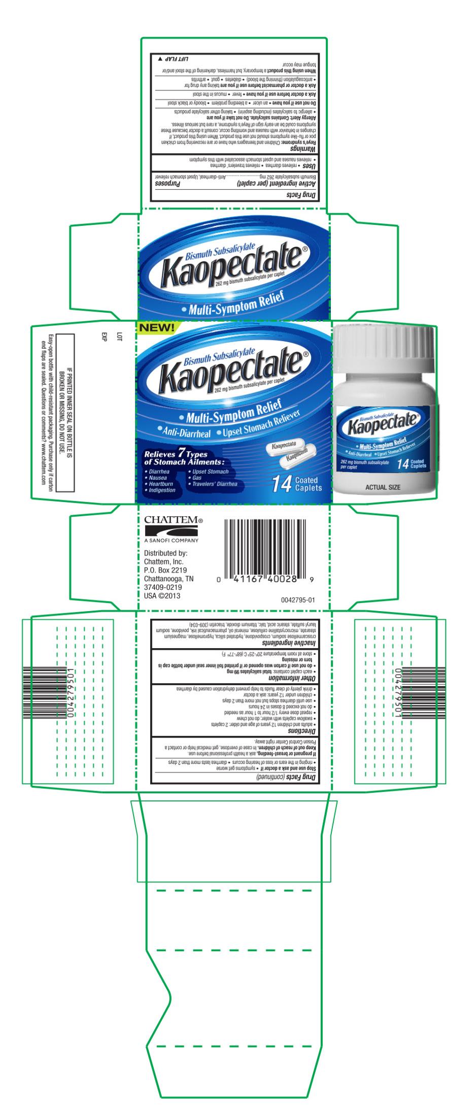 Bismuth Subsalicylate Kaopectate® Multi-Symptom Relief Anti-Diarrheal Upset Stomach Reliever Relieves 7 types of Stomach Ailments: Diarrhea Upset Stomach Nausea Gas Heartburn Travelers&quot; Diarrhea Indgestion 28 Coated Caplets