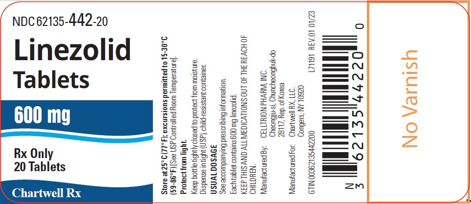 Linezolid Tablets 600 mg – NDC: <a href=/NDC/62135-442-20>62135-442-20</a> - 20 Tablets Bottle Label