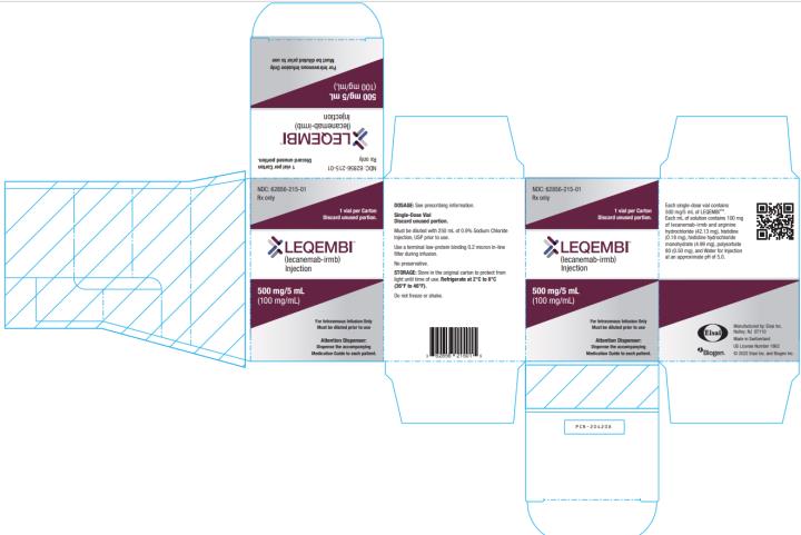 LEQEMBI®
NDC: <a href=/NDC/62856-215-01>62856-215-01</a>
(lecanemab-irmb)
Injection
500 mg/5 mL
(100 mg/mL)
Single-Dose Vial
