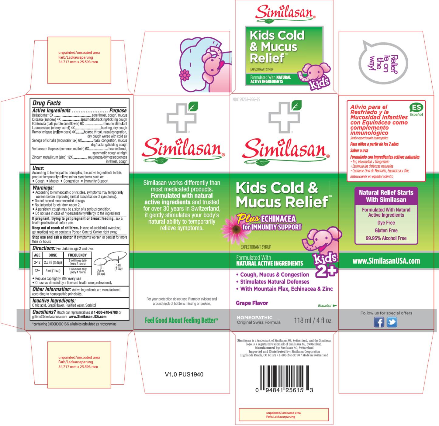 PRINCIPAL DISPLAY PANEL
NDC: <a href=/NDC/59262-266-25>59262-266-25</a>
Similasan®
Kids Cold &
Mucus Relief
Plus ECHINACEA
for IMMUNITY SUPPORT
EXPECTORANT SYRUP
118 ml / 4 fl oz
