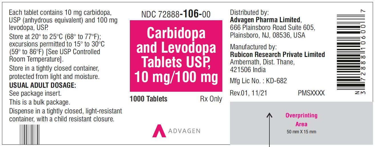 Carbidopa and Levodopa Tablets, USP 25 mg/100 mg - NDC: <a href=/NDC/72888-107-00>72888-107-00</a> - 1000 Tablets Bottle
