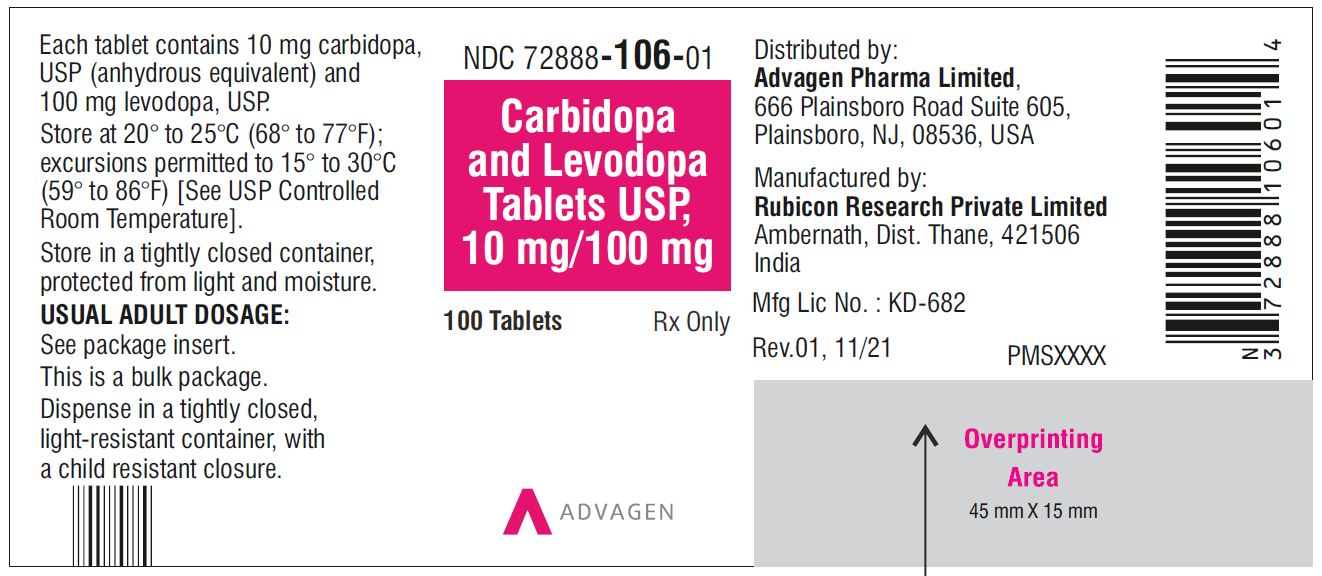 Carbidopa and Levodopa Tablets, USP 10 mg/100 mg - NDC: <a href=/NDC/72888-106-01>72888-106-01</a> - 100 Tablets Bottle