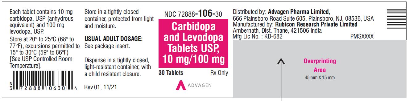 Carbidopa and Levodopa Tablets, USP 10 mg/100 mg - NDC: <a href=/NDC/72888-106-30>72888-106-30</a> - 30 Tablets Bottle