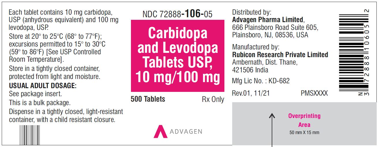 Carbidopa and Levodopa Tablets, USP 10 mg/100 mg - NDC: <a href=/NDC/72888-106-05>72888-106-05</a> - 500 Tablets Bottle