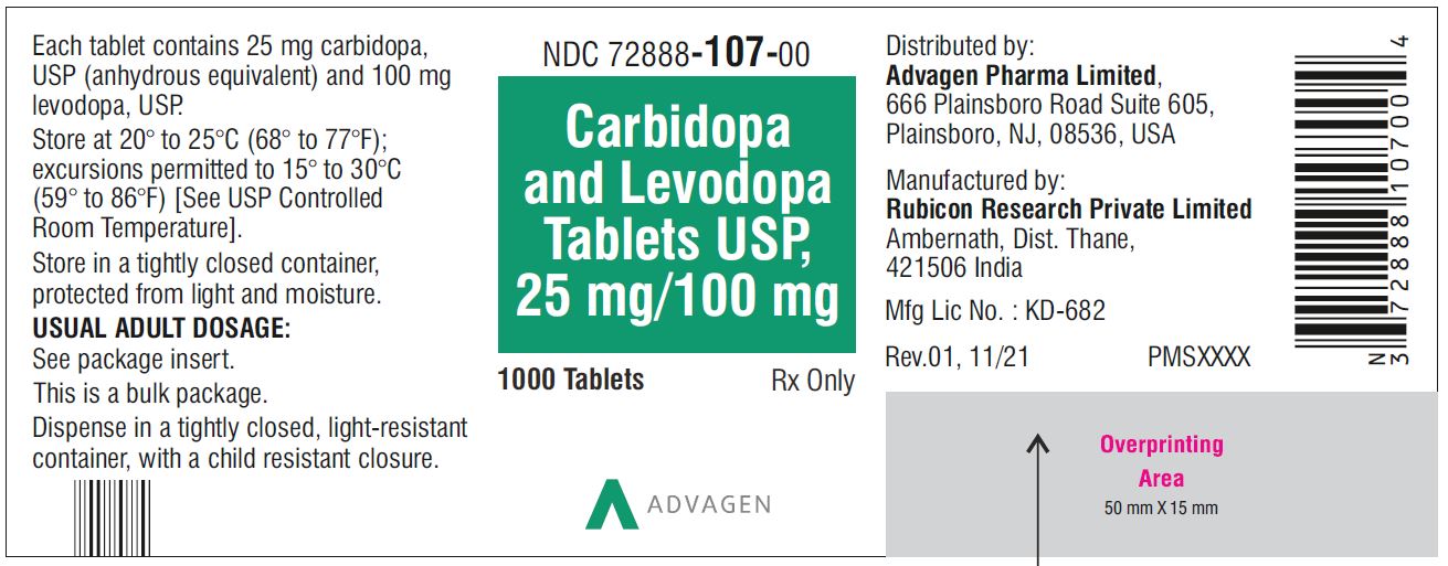 Carbidopa and Levodopa Tablets, USP 25 mg/100 mg - NDC: <a href=/NDC/72888-107-00>72888-107-00</a>  - 1000 Tablets Bottle
