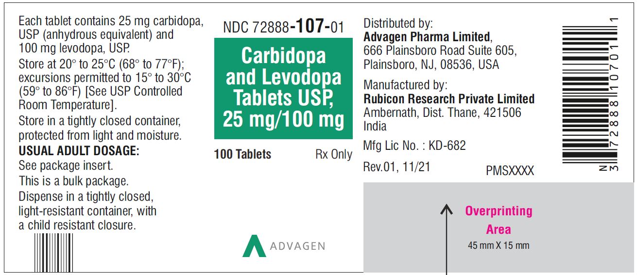 Carbidopa and Levodopa Tablets, USP 25 mg/100 mg - NDC: <a href=/NDC/72888-107-01>72888-107-01</a>  - 100 Tablets Bottle