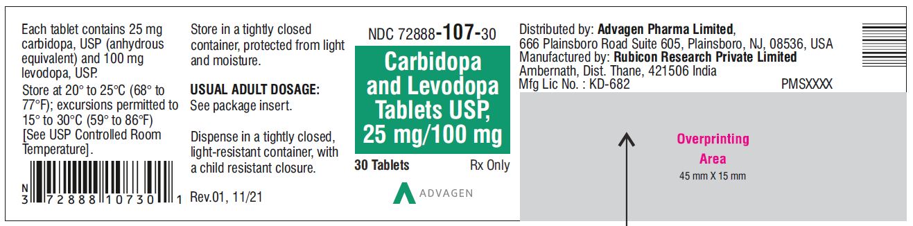 Carbidopa and Levodopa Tablets, USP 25 mg/100 mg - NDC: <a href=/NDC/72888-107-30>72888-107-30</a> - 30 Tablets Bottle