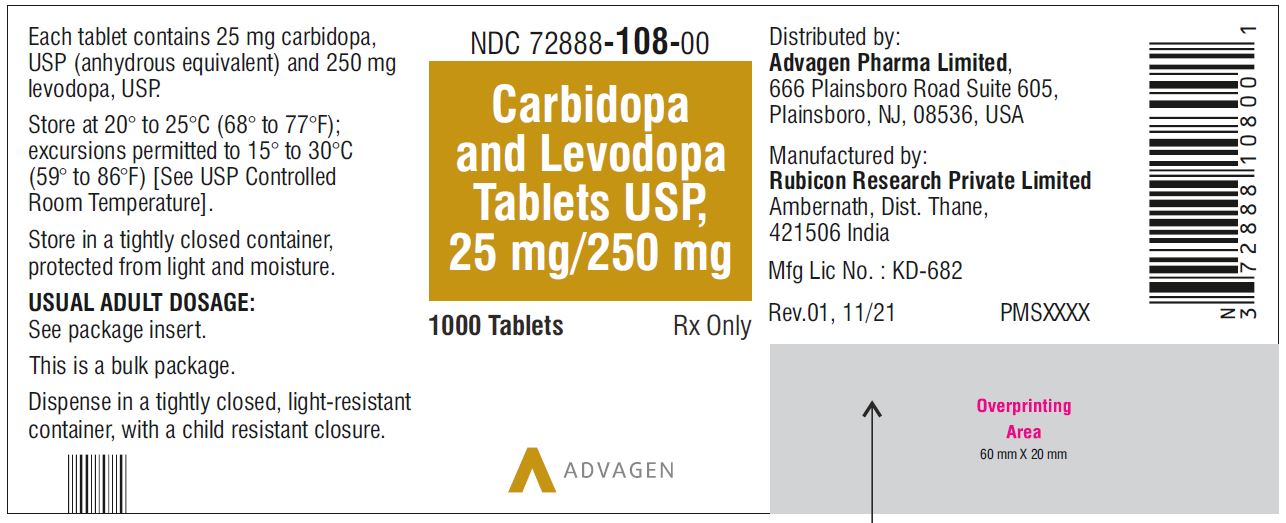 Carbidopa and Levodopa Tablets, USP 25 mg/250 mg - NDC: <a href=/NDC/72888-108-00>72888-108-00</a> - 1000 Tablets Bottle