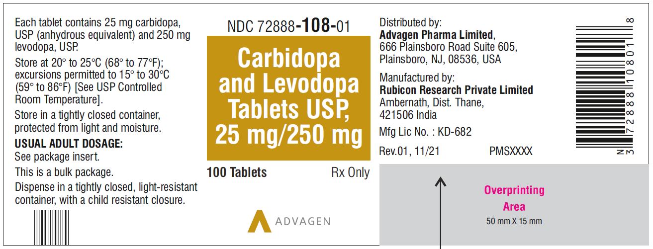 Carbidopa and Levodopa Tablets, USP 25 mg/250 mg - NDC: <a href=/NDC/72888-108-01>72888-108-01</a>  - 100 Tablets Bottle