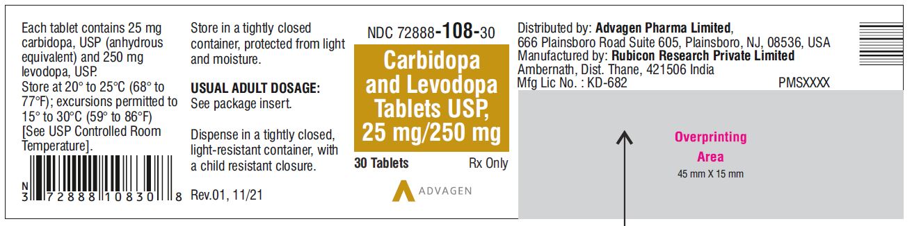Carbidopa and Levodopa Tablets, USP 25 mg/250 mg - NDC: <a href=/NDC/72888-108-30>72888-108-30</a>  - 30 Tablets Bottle