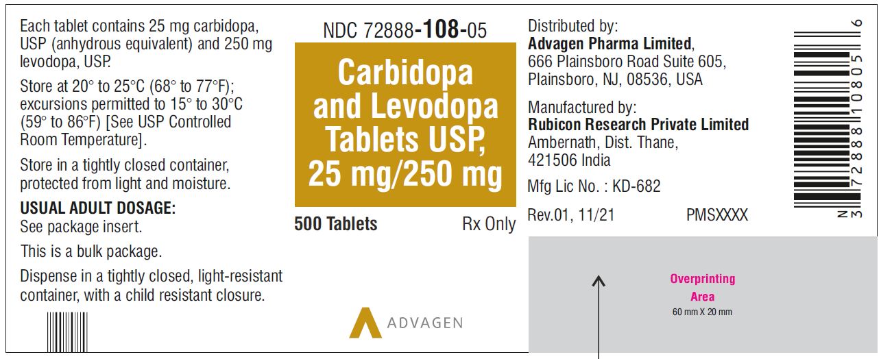 Carbidopa and Levodopa Tablets, USP 25 mg/250 mg - NDC: <a href=/NDC/72888-108-05>72888-108-05</a> - 500 Tablets Bottle