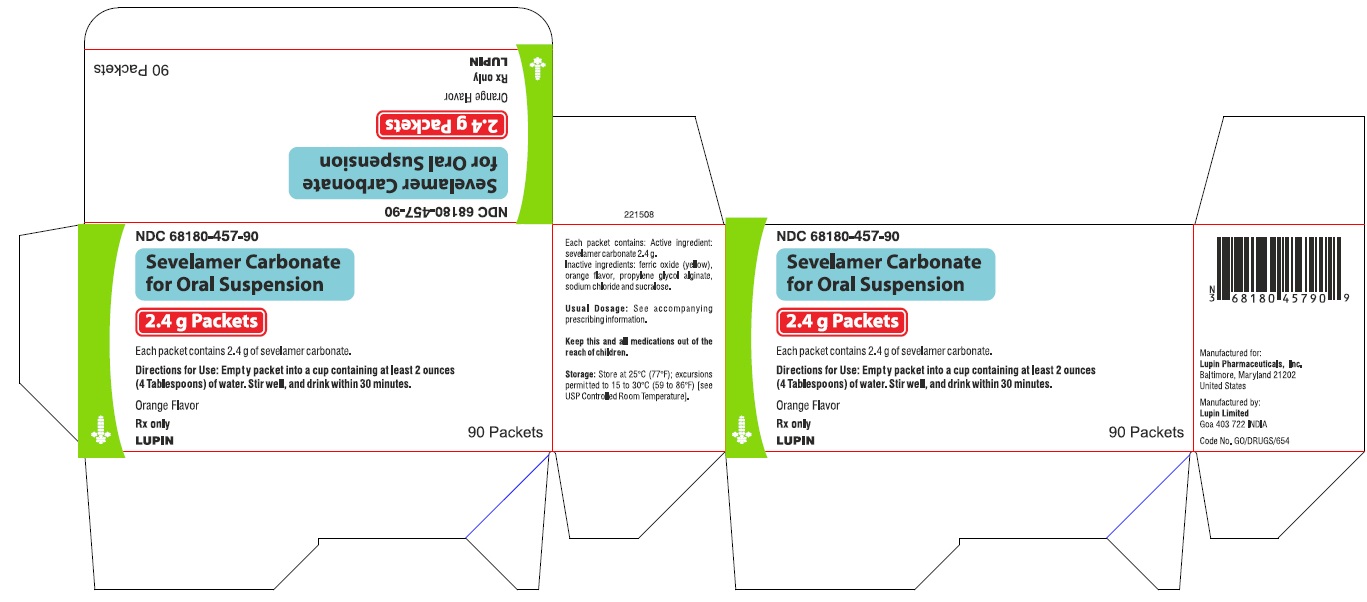 SEVELAMER CARBONATE FOR ORAL SUSPENSION
2.4 g Packets
Rx only
Carton Pack
NDC: <a href=/NDC/68180-457-90>68180-457-90</a>
90 Packets