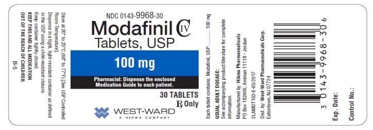 PRINCIPAL DISPLAY PANEL NDC: <a href=/NDC/0143-9968-30>0143-9968-30</a> Modafinil Tablets, USP 100 mg 30 TABLETS Rx Only