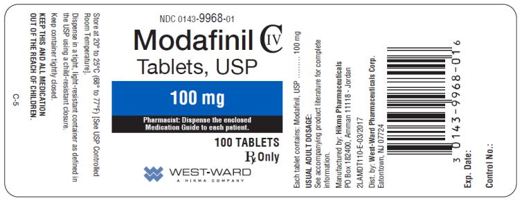 PRINCIPAL DISPLAY PANEL NDC: <a href=/NDC/0143-9968-01>0143-9968-01</a> Modafinil Tablets, USP 100 mg 100 TABLETS Rx Only