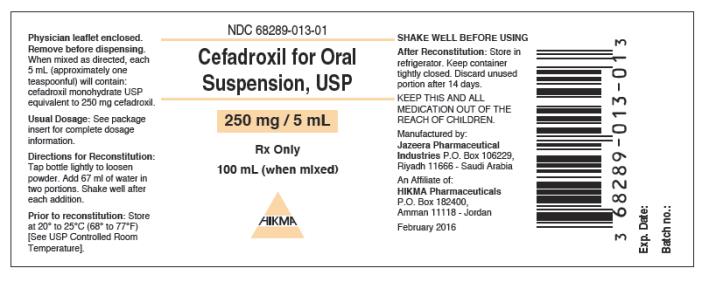 NDC: <a href=/NDC/68289-013-01>68289-013-01</a>
CEFADROXIL FOR ORAL
SUSPENSION, USP
250 mg / 5 mL
Rx Only
100 mL (When Mixed)
