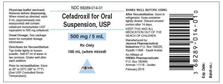 NDC: <a href=/NDC/68289-014-01>68289-014-01</a>
CEFADROXIL FOR ORAL
SUSPENSION, USP
500 mg / 5 mL
Rx Only
100 mL (When Mixed)
