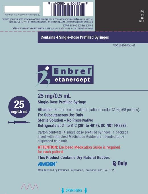 PRINCIPAL DISPLAY PANEL
Contains 4 Single-Dose Prefilled Syringes
NDC: <a href=/NDC/58406-435-04>58406-435-04</a>
Enbrel®
etanercept
50 mg/mL
Single-Dose Prefilled Syringe

50 mg/mL
Attention: Not for use in pediatric patients under 63 kg (138 pounds).
For Subcutaneous Use Only
Sterile Solution – No Preservative
Refrigerate at 2° to 8°C (36° to 46°F). DO NOT FREEZE.
Carton contents (4 single-dose prefilled syringes, 1 package
insert with attached Medication Guide) are intended to be
dispensed as a unit.
ATTENTION: Enclosed Medication Guide is required
for each patient.
This Product Contains Dry Natural Rubber.
AMGEN®
Rx Only
Manufactured by Immunex Corporation, Thousand Oaks, CA 91320
