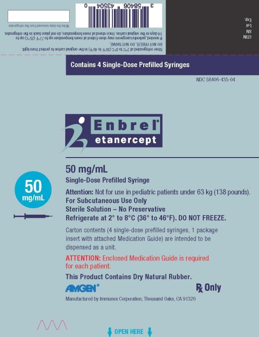 PRINCIPAL DISPLAY PANEL
Contains 4 Single-Dose Prefilled Syringes
NDC: <a href=/NDC/58406-010-04>58406-010-04</a>
Enbrel®
etanercept
25 mg/0.5 mL
Single-Dose Prefilled Syringe

25 mg/0.5 mL
Attention: Not for use in pediatric patients under 31 kg (68 pounds).
For Subcutaneous Use Only
Sterile Solution – No Preservative
Refrigerate at 2° to 8°C (36° to 46°F). DO NOT FREEZE.
Carton contents (4 single-dose prefilled syringes, 1 package
insert with attached Medication Guide) are intended to be
dispensed as a unit.
ATTENTION: Enclosed Medication Guide is required
for each patient.
This Product Contains Dry Natural Rubber.
AMGEN®
Rx Only
Manufactured by Immunex Corporation, Thousand Oaks, CA 91320
