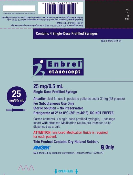 PRINCIPAL DISPLAY PANEL
Contains 4 Single-Dose Prefilled Syringes
NDC: <a href=/NDC/58406-021-04>58406-021-04</a>
Enbrel®
etanercept
50 mg/mL
Single-Dose Prefilled Syringe

50 mg/mL
Attention: Not for use in pediatric patients under 63 kg (138 pounds).
For Subcutaneous Use Only
Sterile Solution – No Preservative
Refrigerate at 2° to 8°C (36° to 46°F). DO NOT FREEZE.
Carton contents (4 single-dose prefilled syringes, 1 package
insert with attached Medication Guide) are intended to be
dispensed as a unit.
ATTENTION: Enclosed Medication Guide is required
for each patient.
This Product Contains Dry Natural Rubber.
AMGEN®
Rx Only
Manufactured by Immunex Corporation, Thousand Oaks, CA 91320
