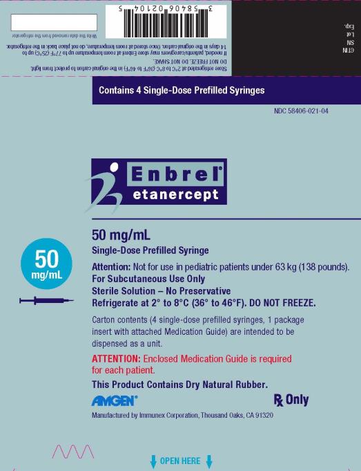 PRINCIPAL DISPLAY PANEL
Contains 4 Single-Dose Prefilled Autoinjectors
NDC: <a href=/NDC/58406-445-04>58406-445-04</a>
Enbrel®
etanercept
SureClick® Autoinjector
50 mg/mL
Single-Dose Prefilled Autoinjector
50 mg/mL
Attention: Not for use in pediatric patients under 63 kg (138 pounds).
For Subcutaneous Use Only
Sterile Solution – No Preservative
Refrigerate at 2° to 8°C (36° to 46°F). DO NOT FREEZE.
Carton Contents (4 prefilled SureClick® Autoinjectors, 1 package insert with
attached Medication Guide) are intended to be dispensed as a unit.
ATTENTION: Enclosed Medication Guide is required for each patient.
This Product Contains Dry Natural Rubber.
AMGEN®
Rx Only
Manufactured by Immunex Corporation, Thousand Oaks, CA 91320-1799

