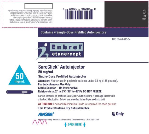 PRINCIPAL DISPLAY PANEL
Contains 4 Single-Dose Prefilled Autoinjectors
NDC: <a href=/NDC/58406-032-04>58406-032-04</a>
Enbrel®
etanercept
SureClick® Autoinjector
50 mg/mL
Single-Dose Prefilled Autoinjector

50 mg/mL
Attention: Not for use in pediatric patients under 63 kg (138 pounds).
For Subcutaneous Use Only
Sterile Solution – No Preservative
Refrigerate at 2° to 8°C (36° to 46°F). DO NOT FREEZE.
Carton Contents (4 prefilled SureClick® Autoinjectors, 1 package insert with
attached Medication Guide) are intended to be dispensed as a unit.
ATTENTION: Enclosed Medication Guide is required for each patient.
This Product Contains Dry Natural Rubber.
AMGEN®
Rx Only
Manufactured by Immunex Corporation, Thousand Oaks, CA 91320-1799
 