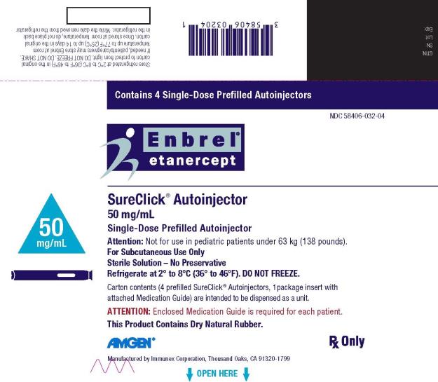 PRINCIPAL DISPLAY PANEL
Contains 4 Multi-Dose Trays
NDC: <a href=/NDC/58406-425-34>58406-425-34</a>
AMGEN®
Enbrel®
etanercept
25 mg/vial
Multiple-Dose Vial
See package insert for full prescribing information
and instructions for preparation and administration.
25 mg/vial
Each vial contains a sterile lyophilized preparation
of 25 mg etanercept (a recombinant CHO cell-derived
product), 40 mg mannitol, 10 mg sucrose, and
1.2 mg tromethamine.
Specific activitiy: approximately 1.7 x 106 U/mg.
No U.S. standard of potency. Volume after reconstitution
with 1 mL diluent is 1 mL.
Before and after reconstitution refrigerate
at 2° to 8°C (36° to 46°F). DO NOT FREEZE.
For Subcutaneous Use Only
AMGEN®
Manufactured by Immunex Corporation, Thousand Oaks, CA 91320
Contains diluent syringes (Made in Germany)
U.S. License No. 1132
©2013, 2016 Immunex Corporation
Patent: http://pat.amgen.com/enbrel/
