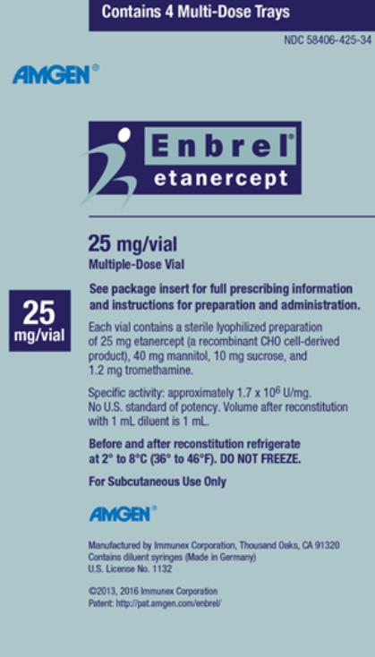 PRINCIPAL DISPLAY PANEL
Contains 4 Single-dose prefilled cartridges
NDC: <a href=/NDC/58406-456-04>58406-456-04</a>
Enbrel®
etanercept
50 mg/mL
Enbrel Mini™ prefilled cartridge
50 mg/mL
Single-dose prefilled cartridge
For use with AutoTouch™ reusuable autoinjector only
Attention: Not for use in pediatric patient under 138 lbs.
For Subcutaneous Use Only
Sterile Solution – No Preservative
Refrigerate at 2°C to 8°C (36° to 46°F). DO NOT FREEZE. DO NOT SHAKE.
Carton contents (4 prefilled cartridges, 1 package insert with attached
Medication Guide) are intended to be dispensed as a unit.
ATTENTION: Enclosed Medication Guide is required for each patient.
This Product Contains
Dry Natural Rubber.
Do not Reuse
CAUTION, See package insert
for full prescribing information
and Instructions for Use
Rx Only
AMGEN®
