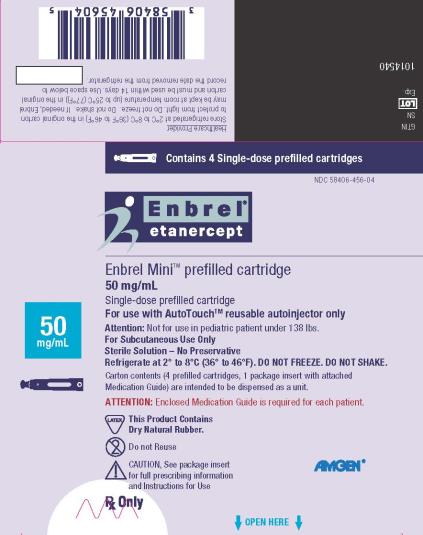 PRINCIPAL DISPLAY PANEL
Contains 4 Single-dose prefilled cartridges
NDC: <a href=/NDC/58406-044-04>58406-044-04</a>
Enbrel®
etanercept
50 mg/mL
Enbrel Mini® prefilled cartridge
50 mg/mL
Single-dose prefilled cartridge
For use with AutoTouch® reusuable autoinjector only
Attention: Not for use in pediatric patient under 138 lbs.
For Subcutaneous Use Only
Sterile Solution – No Preservative
Refrigerate at 2° to 8°C (36° to 46°F). DO NOT FREEZE. DO NOT SHAKE.
Carton contents (4 prefilled cartridges, 1 package insert with attached
Medication Guide) are intended to be dispensed as a unit.
ATTENTION: Enclosed Medication Guide is required for each patient.
This Product Contains Dry Natural Rubber.
Do not Reuse
CAUTION, See package insert for full prescribing information and Instructions for Use
Rx Only
AMGEN®
