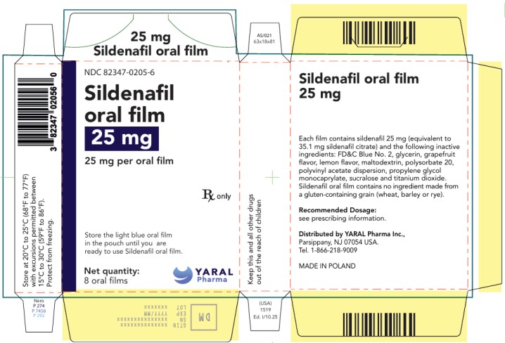 PRINCIPAL DISPLAY PANEL
NDC: <a href=/NDC/82347-0205-6>82347-0205-6</a>
25 mg
Sildenafil oral film
25 mg per oral film
