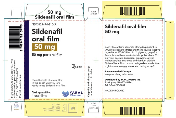 PRINCIPAL DISPLAY PANEL
NDC: <a href=/NDC/82347-0210-5>82347-0210-5</a>
50 mg
Sildenafil oral film
50 mg per oral film
