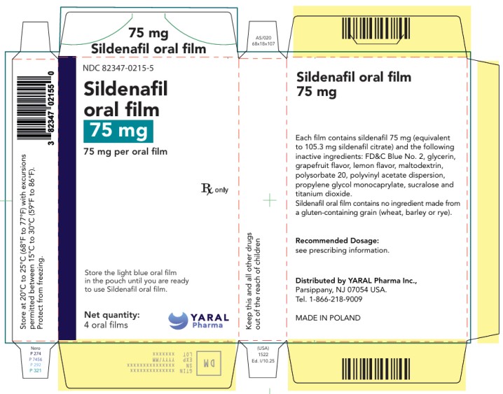 PRINCIPAL DISPLAY PANEL
NDC: <a href=/NDC/82347-0215-5>82347-0215-5</a>
75 mg
Sildenafil oral film
75 mg per oral film
